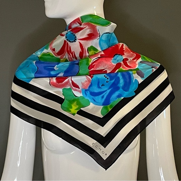 Vibrant Vintage Echo Silk Scarf Bold Florals Stripes 31 In Excellent Condition - Picture 9 of 9